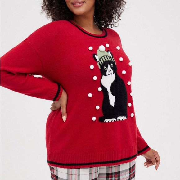 ❤️NWT TORRID SWEATER UGLY CHRISTMAS CAT SWEATER - HOLIDAY PULLOVER - MEDIUM 00 - Picture 7 of 10